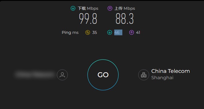 PureVPN 在中国电信上海线路下的 Ookla Speedtest 测速结果:下载 99.8 Mbps